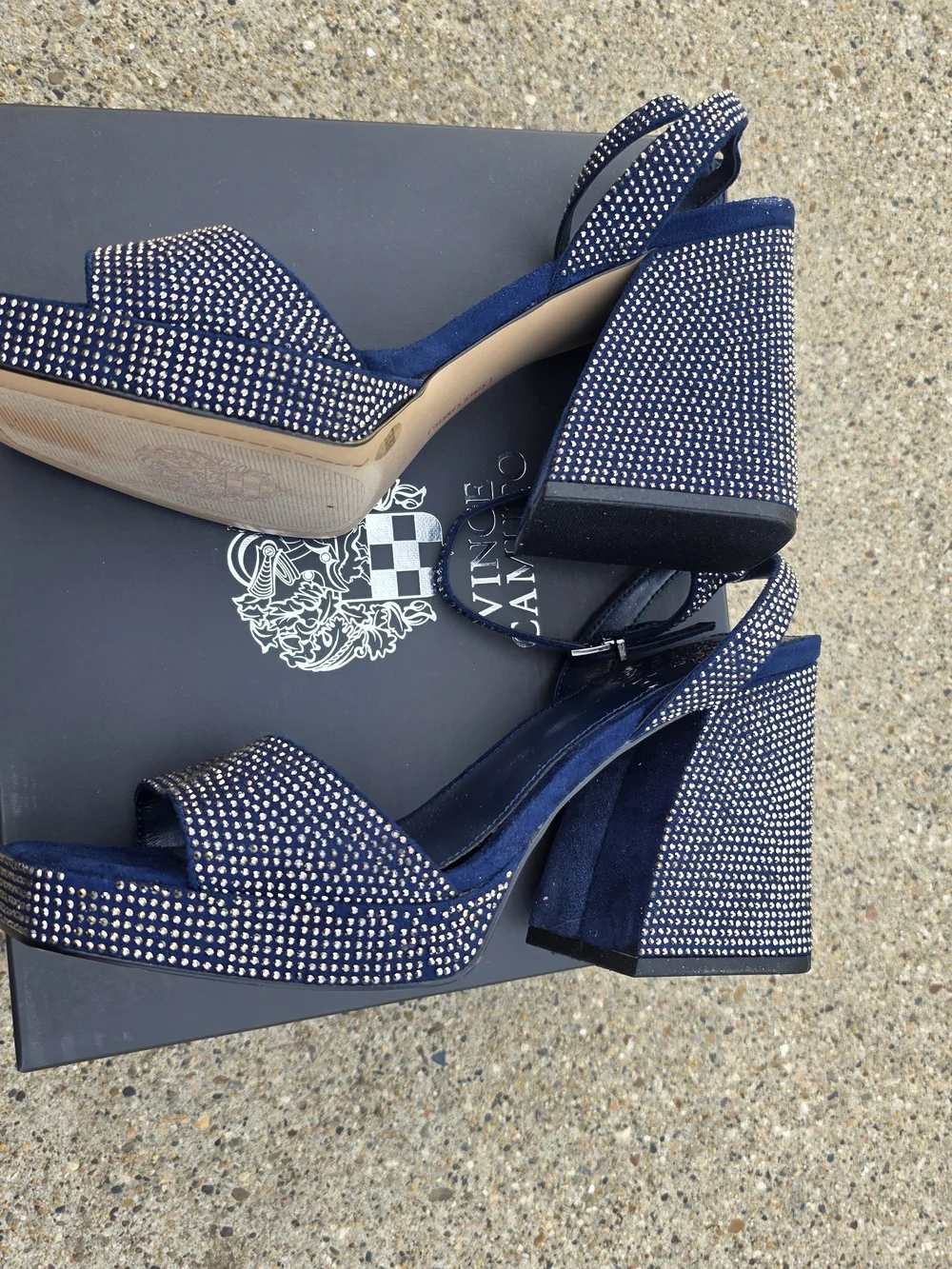Vince Camuto Navy Embellished Block Heel Sandals Women 8.5